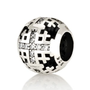 Round Openwork Jerusalem Cross Bead Charm in 925 Sterling Silver with Zircons