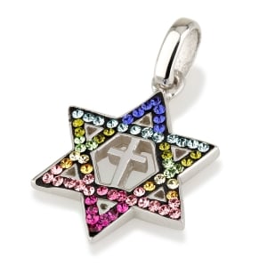 Rhodium Plated Sterling Silver Messianic Star of David Necklace with Cross and Rainbow Gemstones