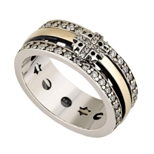 Jerusalem Cross Spinner Ring in 925 Sterling Silver with Gold Plating and Zircons