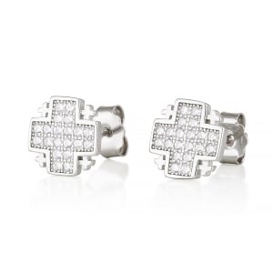 Sterling Silver Jerusalem Cross Stud Earrings with Zircon Stones