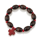 Holyland Olive Wood Elasticated Rosary Bracelet with Red Wooden Cross