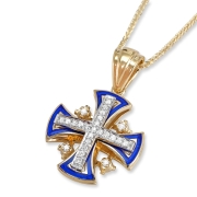 Anbinder Two-Tone 14K Yellow Gold Arched Splayed Jerusalem Cross Pendant with Blue Enamel Border and Diamonds