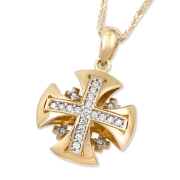 14K Gold Domed Jerusalem Cross Pendant with Cubic Zirconia