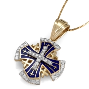 Anbinder Jewelry Two-Tone 14K Gold Splayed Jerusalem Cross Pendant with Blue Enamel and 37 Diamonds