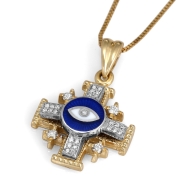 Two-Tone 14K Gold and Enamel Evil Eye Jerusalem Cross Pendant with 29 Diamonds