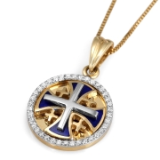 Anbinder Jewelry 14K Gold Two-Tone Circle Jerusalem Cross Pendant with Enamel and 38 Diamond Border