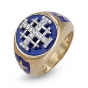 Anbinder Jewelry 14K Yellow Gold Enamel and Diamond Men’s Jerusalem Cross Ecclesiastical Signet Ring with Crusader Shield Crosses