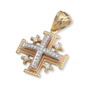 Tricolor 14K Gold and Diamond Tiered Milgrain Classic Jerusalem Cross Pendant with 25 Diamonds