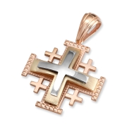 Anbinder Jewelry Large Tricolored 14K Rose, Yellow, and White Gold Tiered Traditional Milgrain Jerusalem Cross Pendant