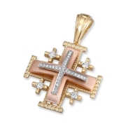 Anbinder Jewelry Deluxe Tricolor 14K Yellow, Rose, & White Gold and Diamond Milgrain Classic Jerusalem Cross Pendant with 33 Diamonds