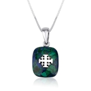 Marina Jewelry Sterling Silver and Eilat Stone Squoval Necklace with Jerusalem Cross