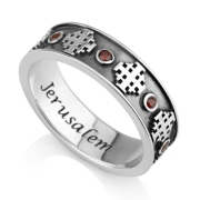 Marina Jewelry Sterling Silver and Ruby Jerusalem Cross Ring with Jerusalem Inscription