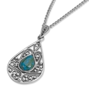 Rafael Jewelry Sterling Silver and Eilat Stone Filigree Lace Teardrop Necklace 