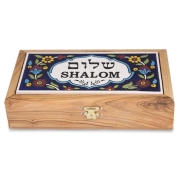 Olive Wood & Armenian Ceramic "Shalom" Jewelry Box