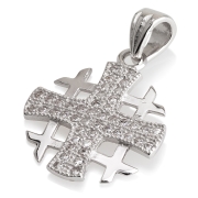 Rhodium Plated Sterling Silver Jerusalem Cross Pendant with Cubic Zirconia 
