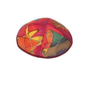 Yair Emanuel Hand Painted Silk Kippah with Abstract Design (Red)