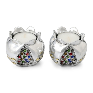 Silver Pomegranate with Colored Jewels and Golden Highlights Candlesticks  - Jerusalem