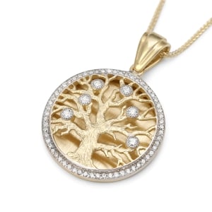 Deluxe 14K Gold Diamond-Studded Round Tree of Life Pendant with Diamond Border