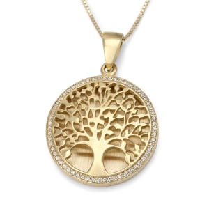 Large Gold Tree of Life Pendant with White Diamonds