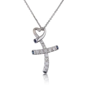 14K White Gold Cross and Heart Pendant With Diamonds and Sapphire