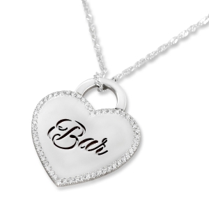 14K White Gold Customizable Heart Necklace With Diamond Border