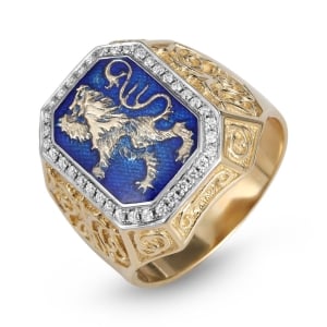14K Yellow Gold Men's Lion of Judah Diamond Signet Ring with Blue Enamel