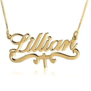 14K Gold Script Personalized Name Necklace with Cross and Embellishments