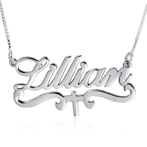 Sterling Silver Script Personalized Name Necklace with Cross and Embellishments