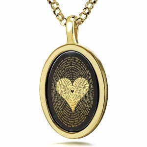 Nano 14K Gold and Onyx Framed Oval Necklace with 24K Gold Heart and “I Love You” in 120 Languages Micro-Inscription