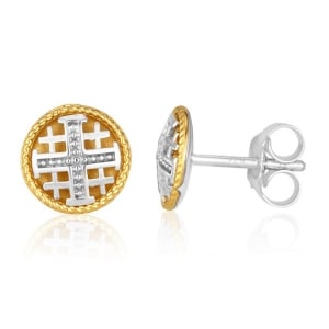 Sterling Silver and Gold Plated Jerusalem Round Cross Stud Earrings