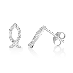 Sterling Silver Ichthus Stud Earrings with Gemstones