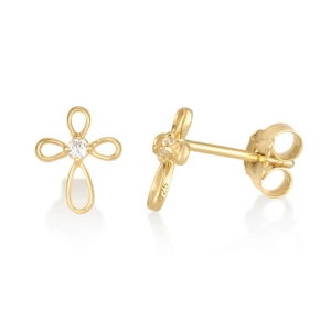Gold-Plated Sterling Silver Elegant Twist Latin Cross Stud Earrings with Gemstones