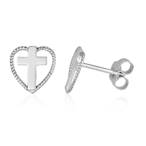 Sterling Silver Latin Cross and Heart Stud Earrings