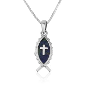 Women's Sterling Silver Ichthus Pendant with Eilat Stone and Latin Cross