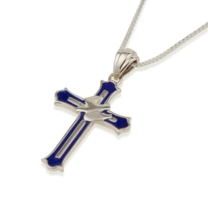 Sterling Silver and Blue Enamel Latin Cross Necklace with Holy Spirit