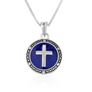 Round Sterling Silver Latin Cross Pendant Necklace with Enamel