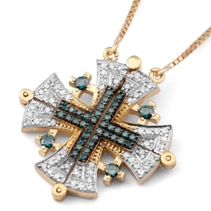 Anbinder Jewelry 14K Gold Jerusalem Cross Necklace with White & Blue Diamonds