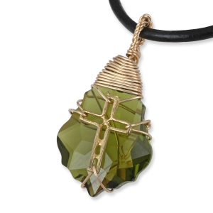Swarovski Crystal and Gold Filled Postmodern Cross Necklace (Green)