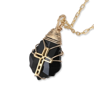 Swarovski Crystal and Gold Filled Postmodern Cross Necklace (Black)