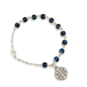 Holyland Rosary Blue Beaded Rosary Bracelet with Jerusalem Cross Charm