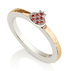 925 Sterling Silver & 9K Gold Pomegranate Ring with Zircon Stones - Hammered Finish