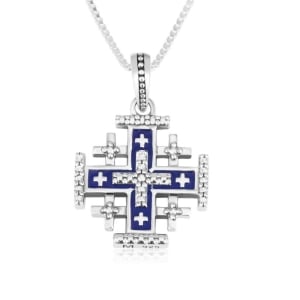 Marina Jewelry 925 Sterling Silver Jerusalem Cross Necklace with Blue Enamel and Bead Accents