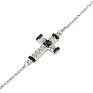 925 Sterling Silver Latin Cross Bracelet with White and Black Zircon Stones