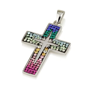 925 Sterling Silver Latin Cross Pendant with Zircon Stones (Choice of Color)