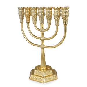 Gold Plated Classic 7-Branched Temple Menorah with Jerusalem Design 