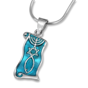 Sterling Silver and Enamel Grafted-In Messianic Seal Scroll Necklace (Blue)