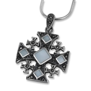 Sterling Silver, Marcasite, and Gemstone Ornate Jerusalem Cross Necklace