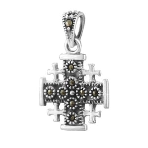 Small Sterling Silver and Marcasite Jerusalem Cross Pendant with Inscription