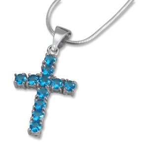 Rhodium Plated Sterling Silver Cross with Blue Cubic Zirconia