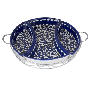 Armenian Ceramics 4 Piece Set of Serving Dishes in Metal Frame (Blue Flowers)